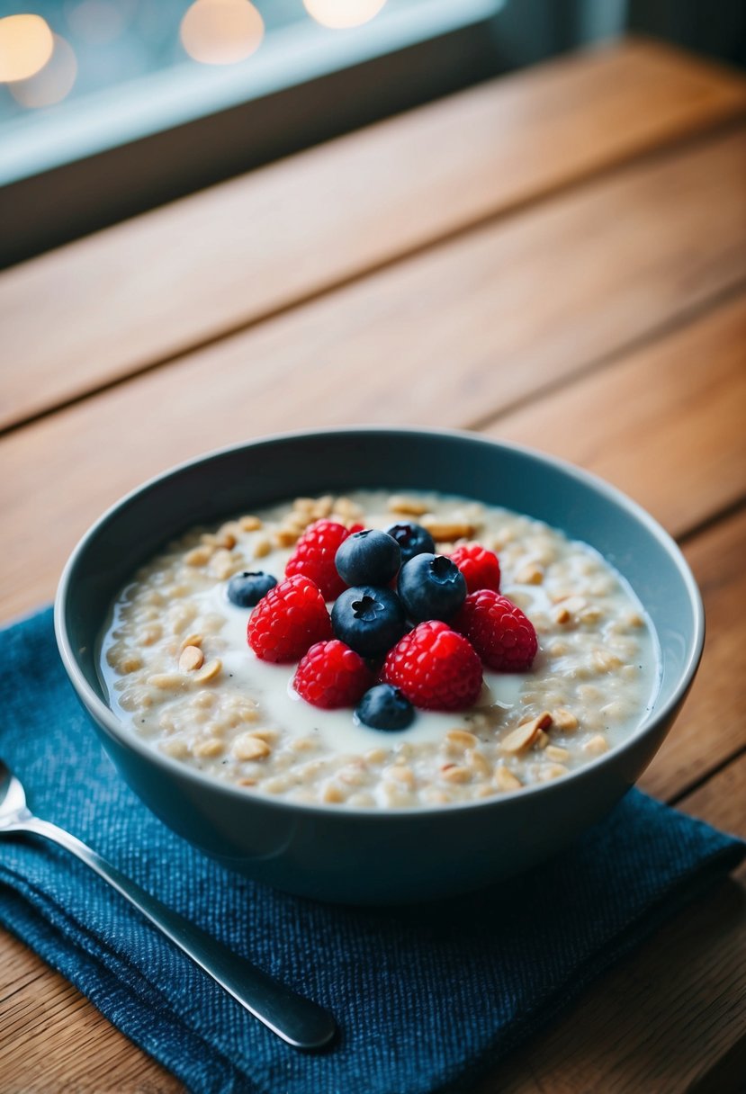 A bowl of oatmeal topped with almond milk and fresh berries on a wooden table