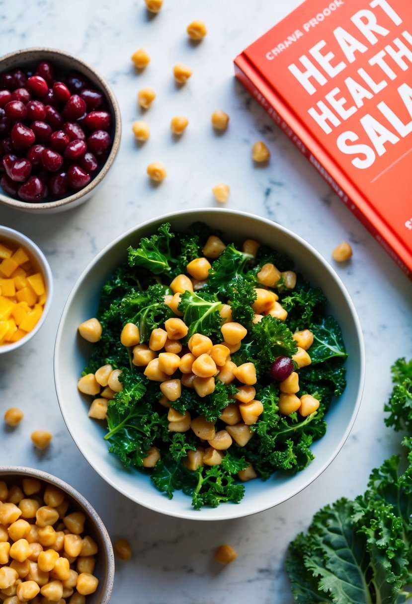 A bowl of chickpea and kale salad surrounded by fresh ingredients and a heart-healthy cookbook