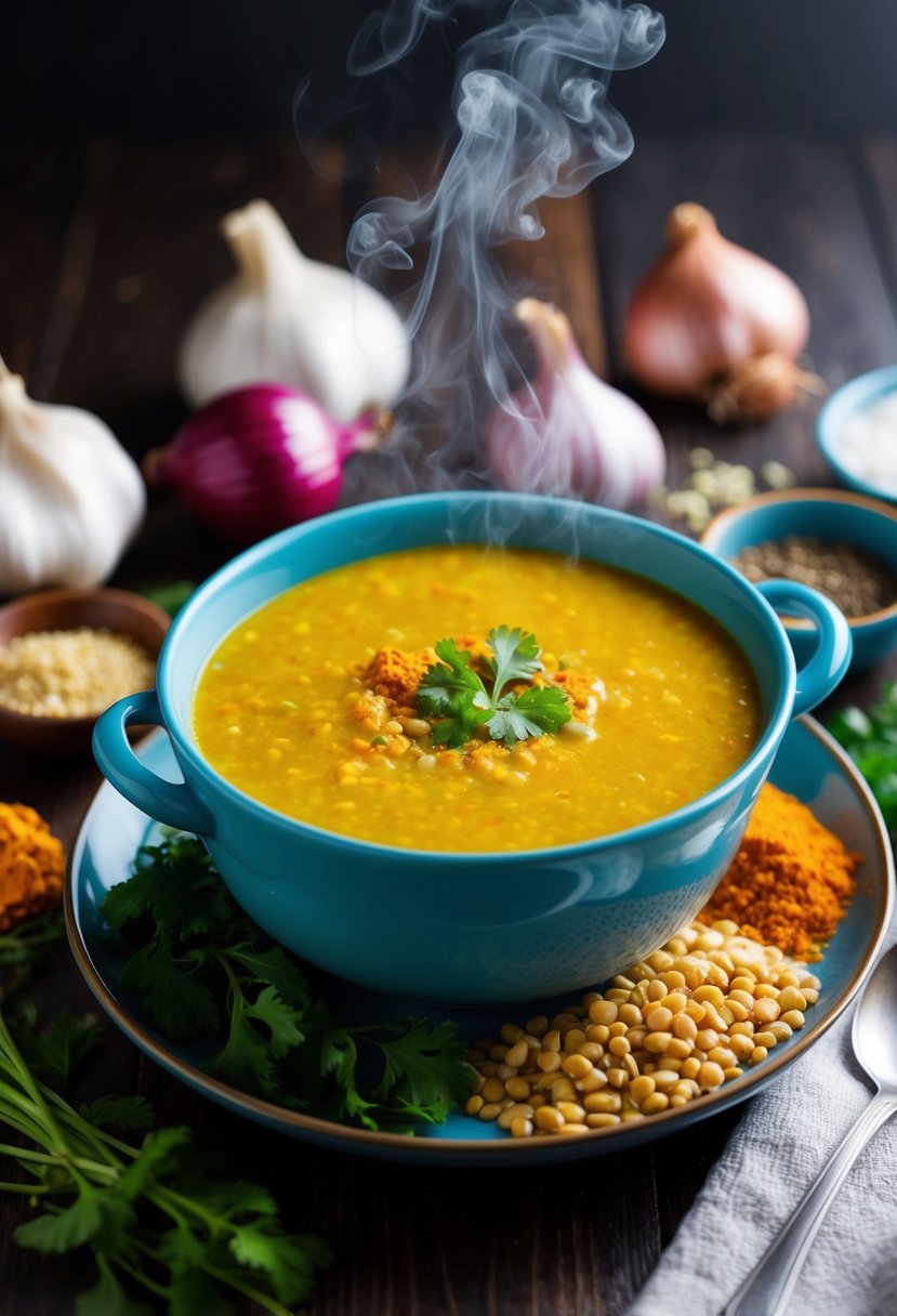 A steaming bowl of lentil soup with turmeric, surrounded by fresh ingredients like garlic, onions, and colorful spices