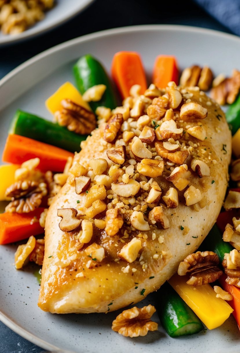 A golden-brown chicken breast coated in crushed walnuts, surrounded by colorful vegetables on a plate