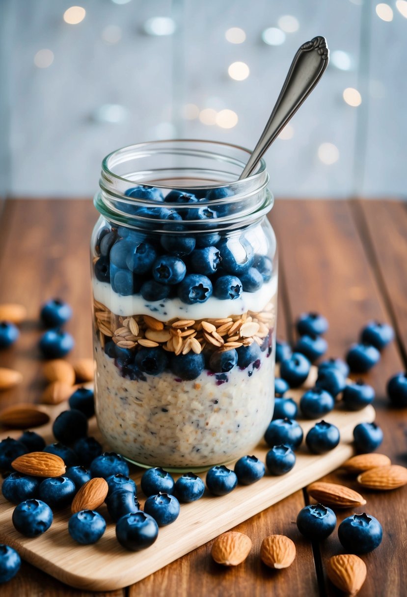 A glass jar filled with layers of blueberry almond overnight oats, surrounded by fresh blueberries and almonds on a wooden table