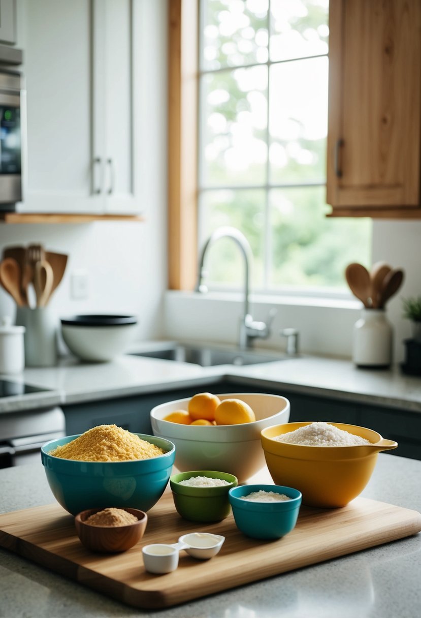 A kitchen counter with bowls, measuring cups, and a variety of ingredients for Simple Mills recipes