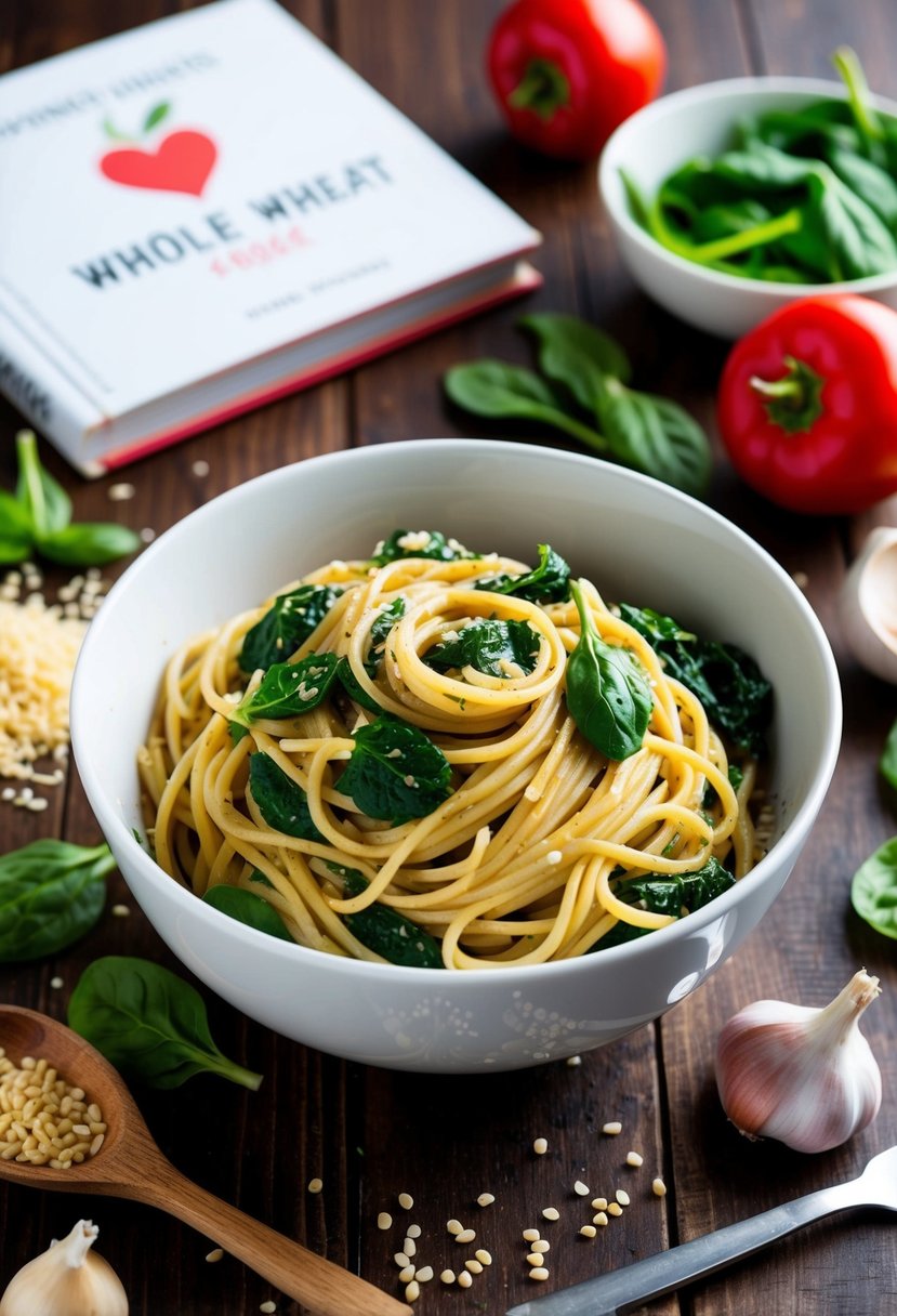 A steaming bowl of whole wheat pasta with spinach and garlic, surrounded by fresh ingredients and a heart-healthy recipe book