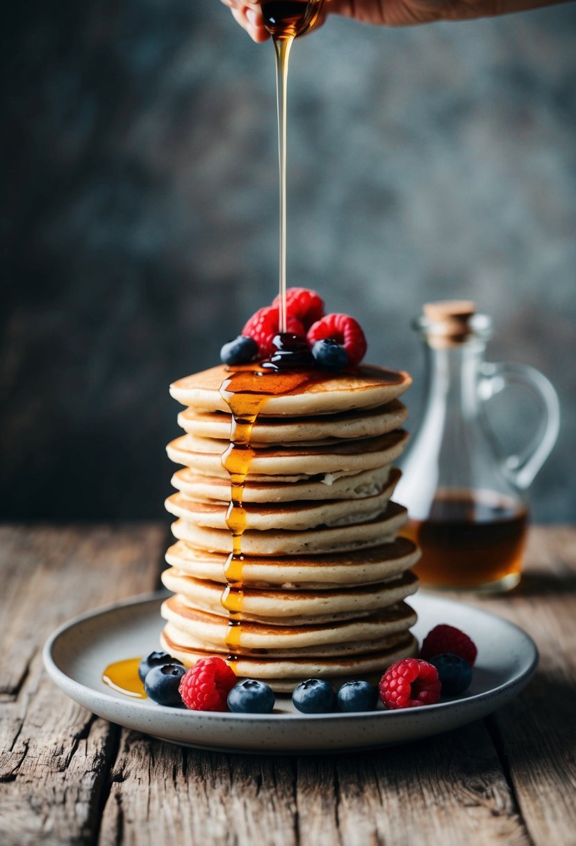 A stack of almond flour pancakes with fresh berries and a drizzle of maple syrup on a rustic wooden table