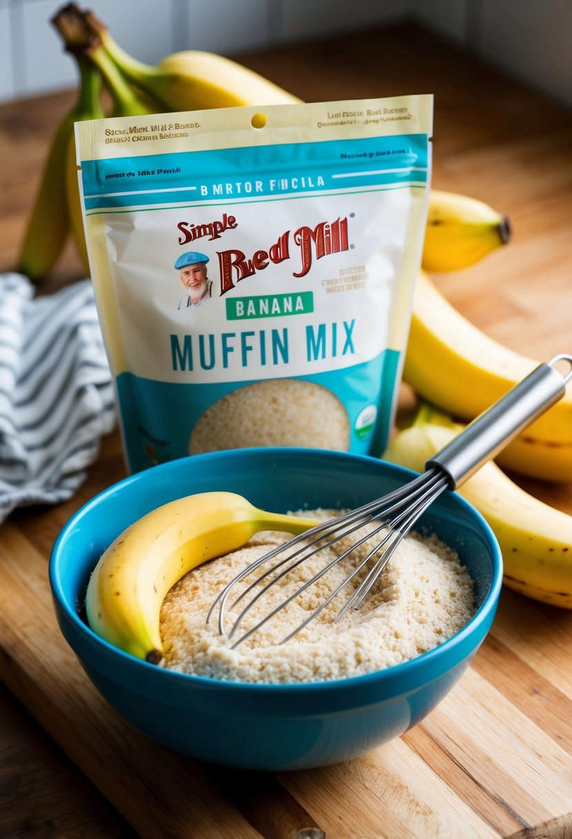 A bowl of Simple Mills Banana Muffin Mix with ripe bananas and a whisk on a wooden countertop