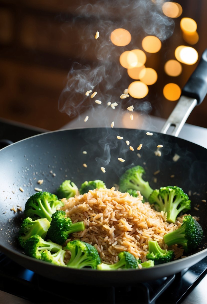 A sizzling wok tosses broccoli and brown rice in a stir-fry, emitting a savory aroma