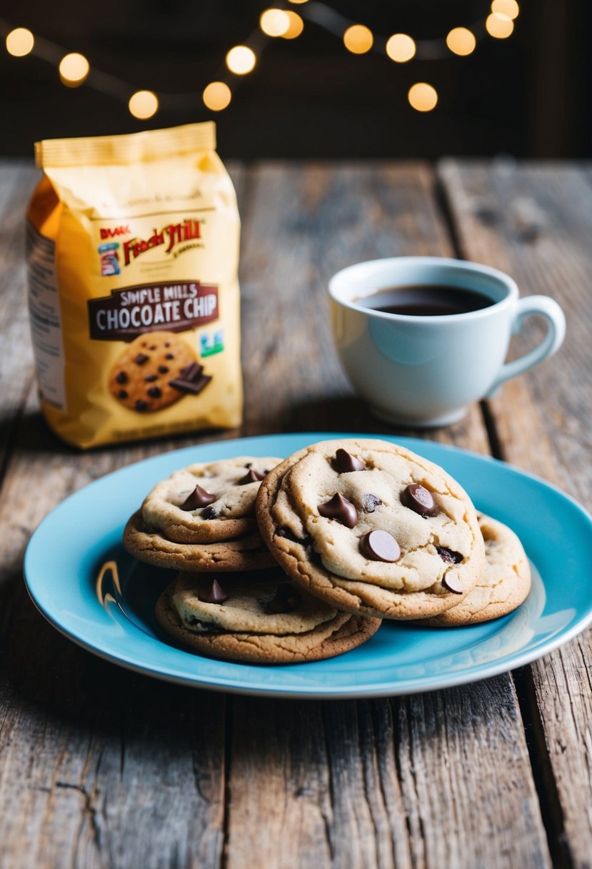 A plate of freshly baked Simple Mills Chocolate Chip Cookies on a rustic wooden table