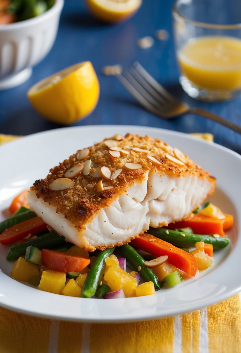 A golden-brown piece of almond-crusted cod sits atop a bed of colorful vegetables on a white plate