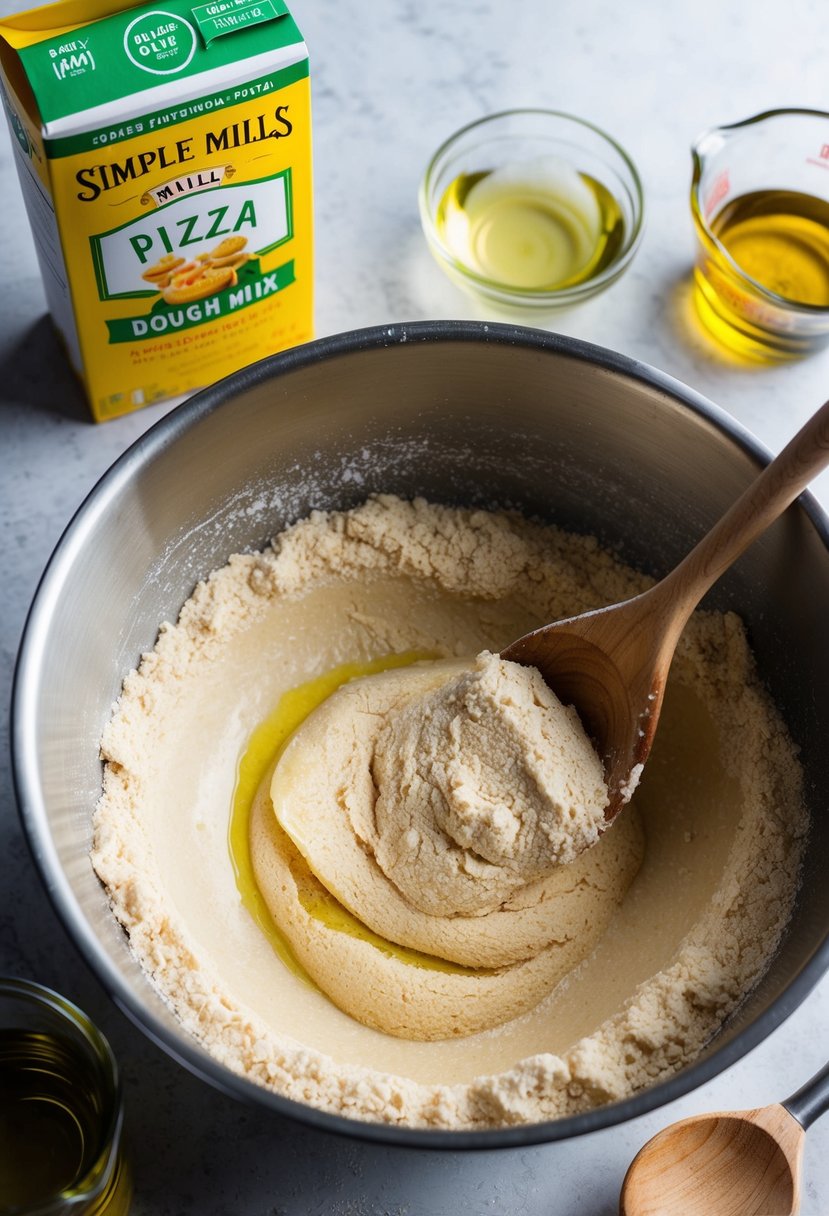 A mixing bowl filled with Simple Mills Pizza Dough Mix being stirred with a wooden spoon. Ingredients like olive oil and water sit nearby