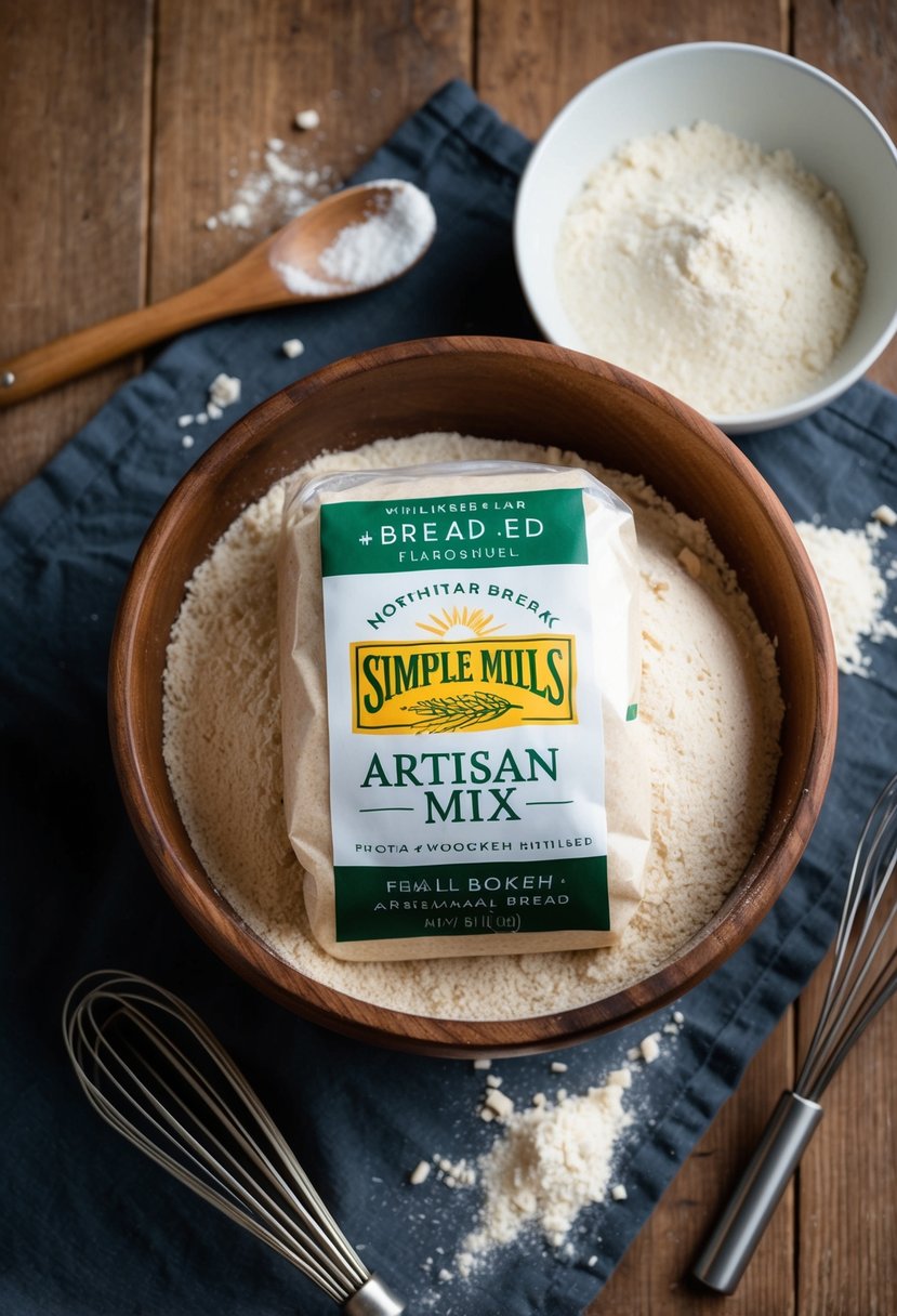 A wooden mixing bowl filled with Simple Mills Artisan Bread Mix, surrounded by scattered flour and a vintage whisk