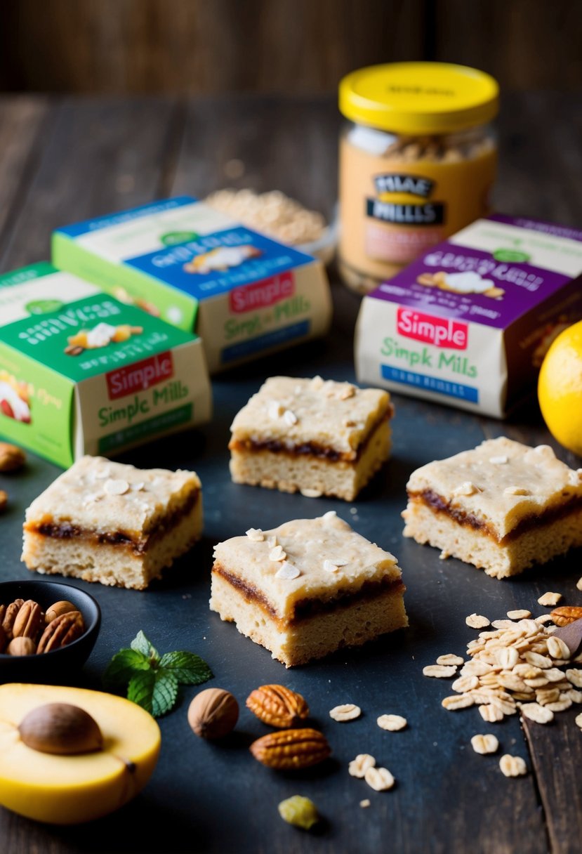 A table with assorted Simple Mills Soft Baked Bars, surrounded by fresh ingredients like nuts, fruits, and oats