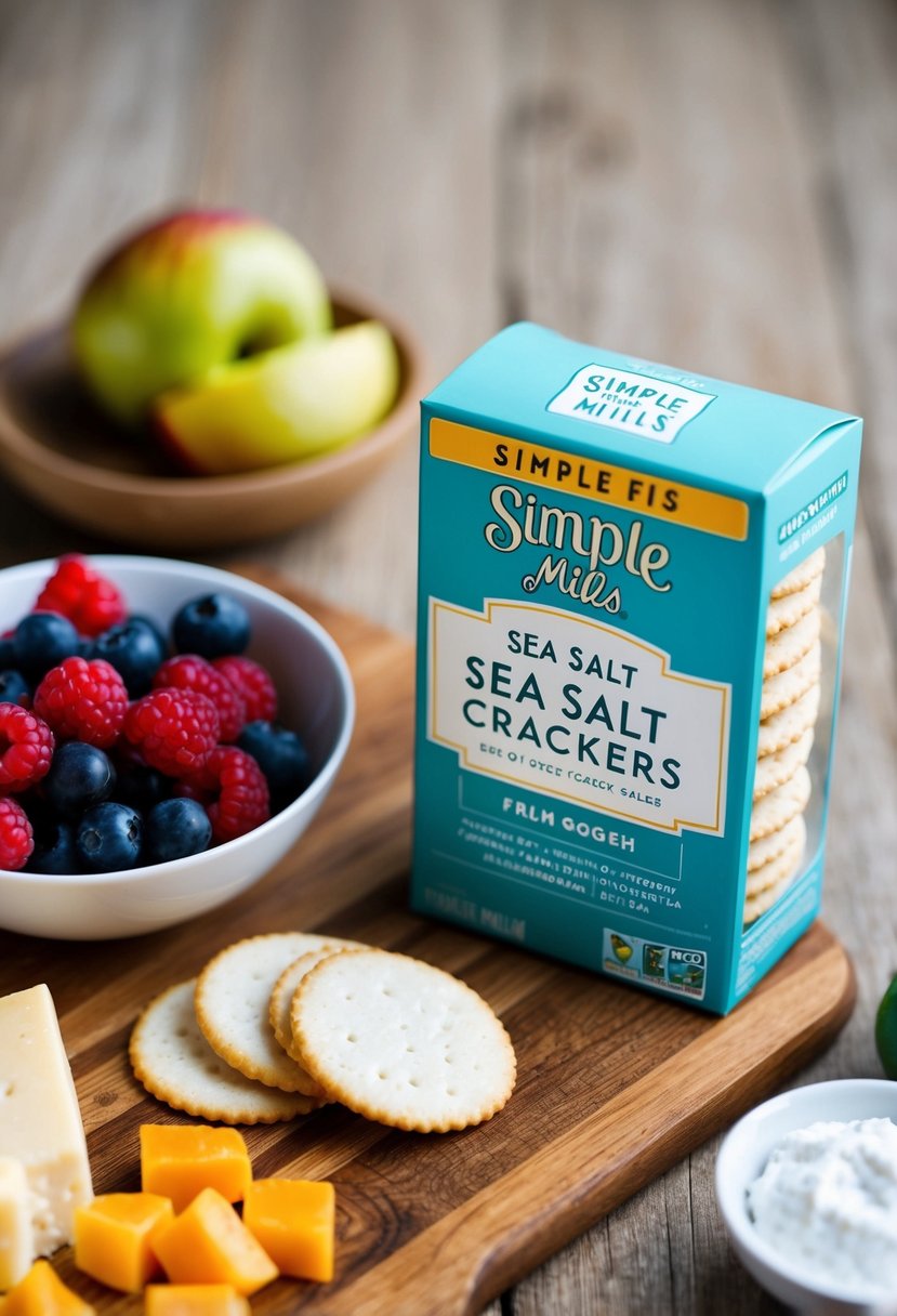 A bowl of Simple Mills Sea Salt Crackers next to a spread of cheese and fruit on a wooden cutting board