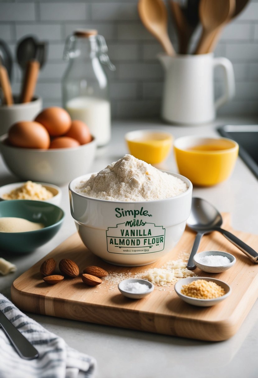 A bowl of Simple Mills Vanilla Cupcake Almond Flour Mix surrounded by ingredients and utensils on a clean kitchen counter