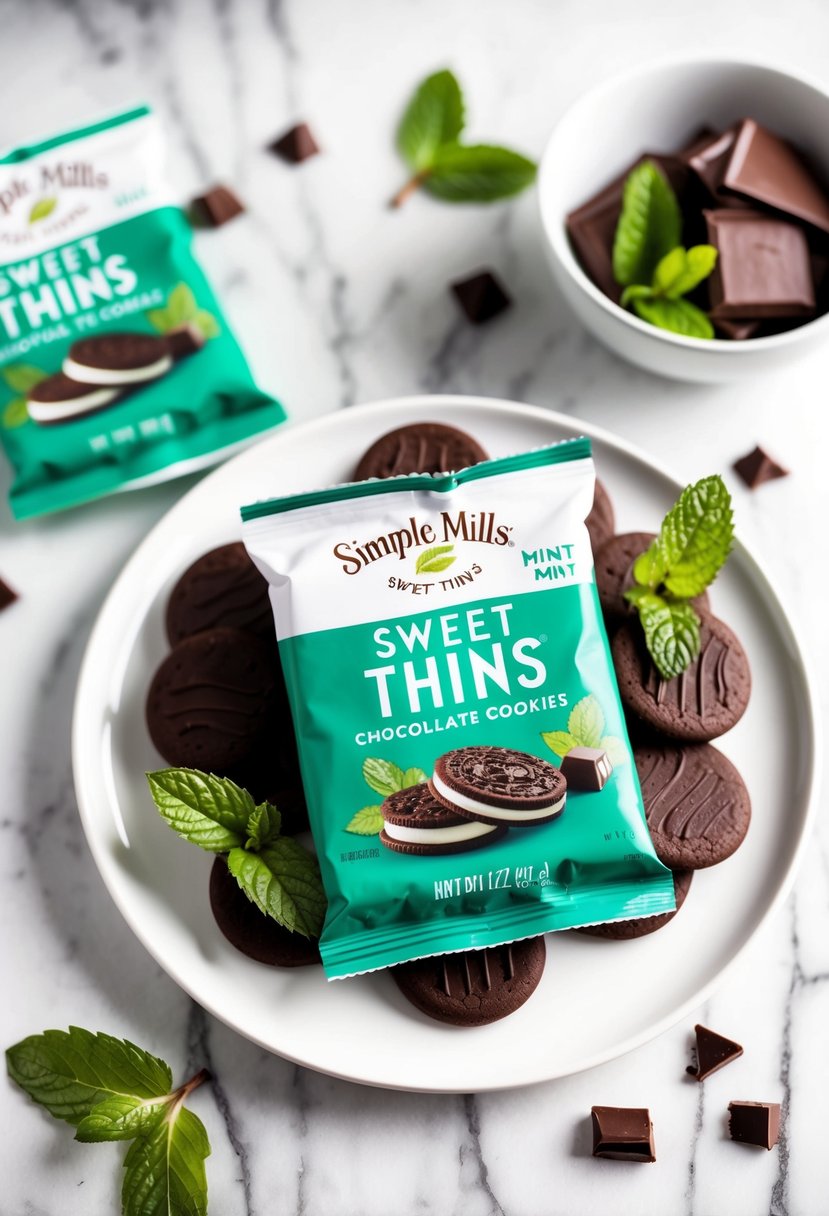 A plate of Simple Mills Sweet Thins Mint Chocolate cookies arranged with mint leaves and chocolate pieces on a white marble surface