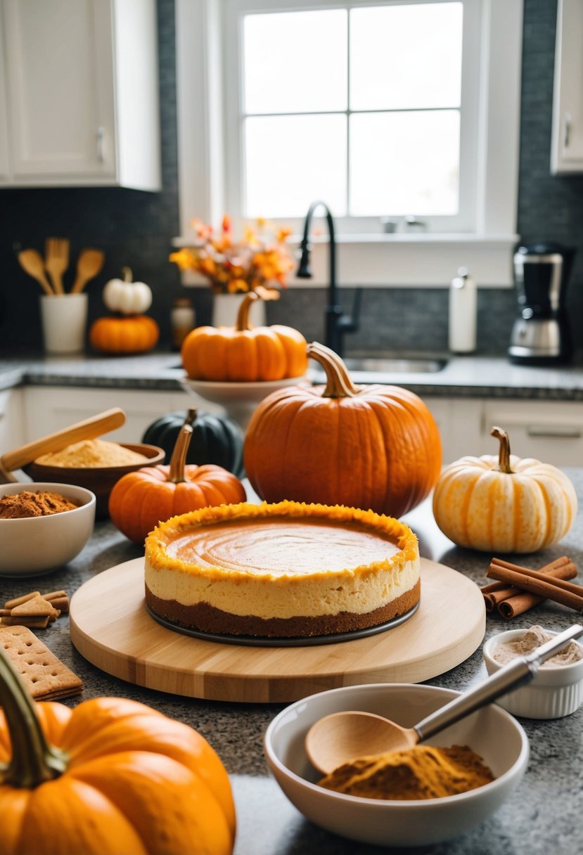 A kitchen counter with ingredients and utensils for making a fall-themed cheesecake, such as pumpkins, cinnamon, and a graham cracker crust