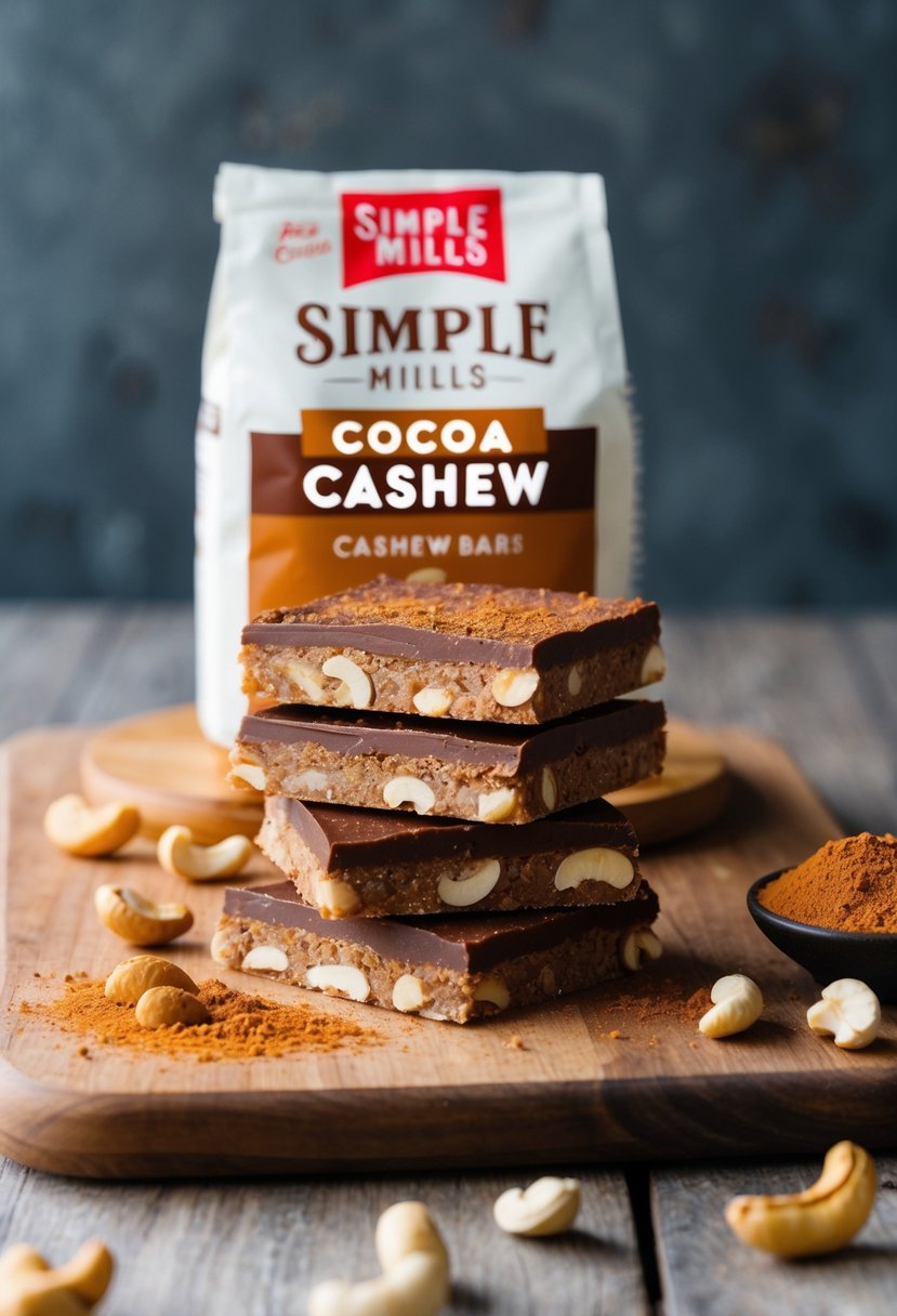 A stack of Simple Mills Cocoa Cashew Bars on a wooden cutting board with scattered cashews and cocoa powder