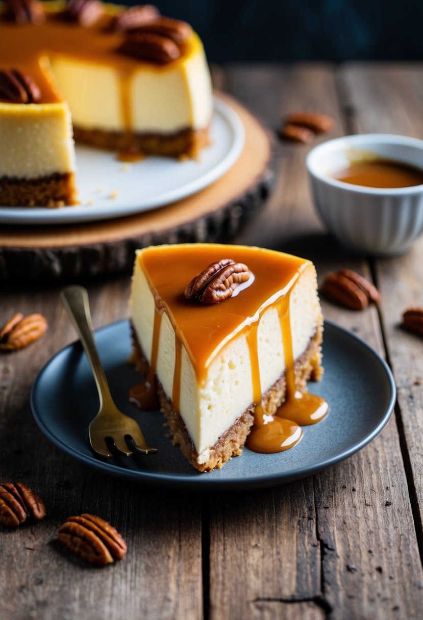 A slice of maple pecan cheesecake on a rustic wooden table with a scattering of pecans and a drizzle of caramel sauce