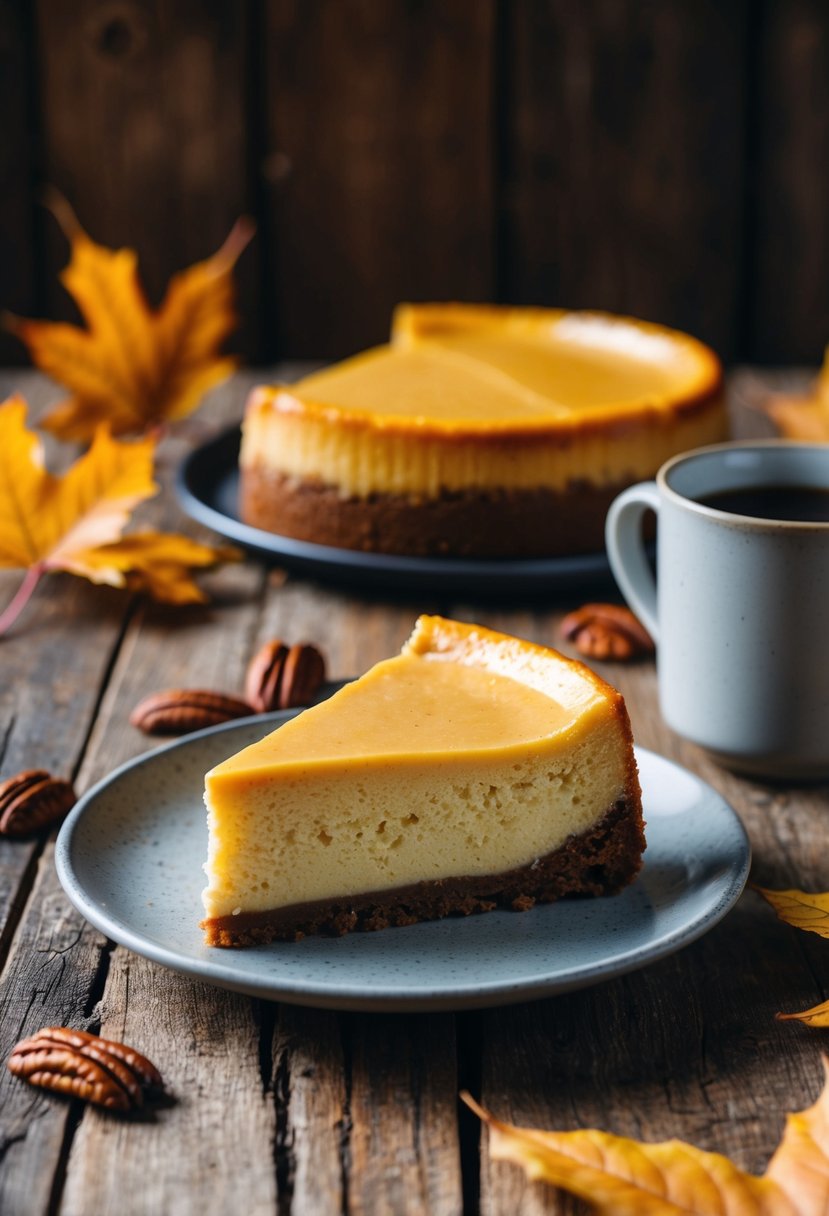 A slice of brown butter pecan cheesecake on a rustic wooden table, surrounded by autumn leaves and a warm mug of coffee