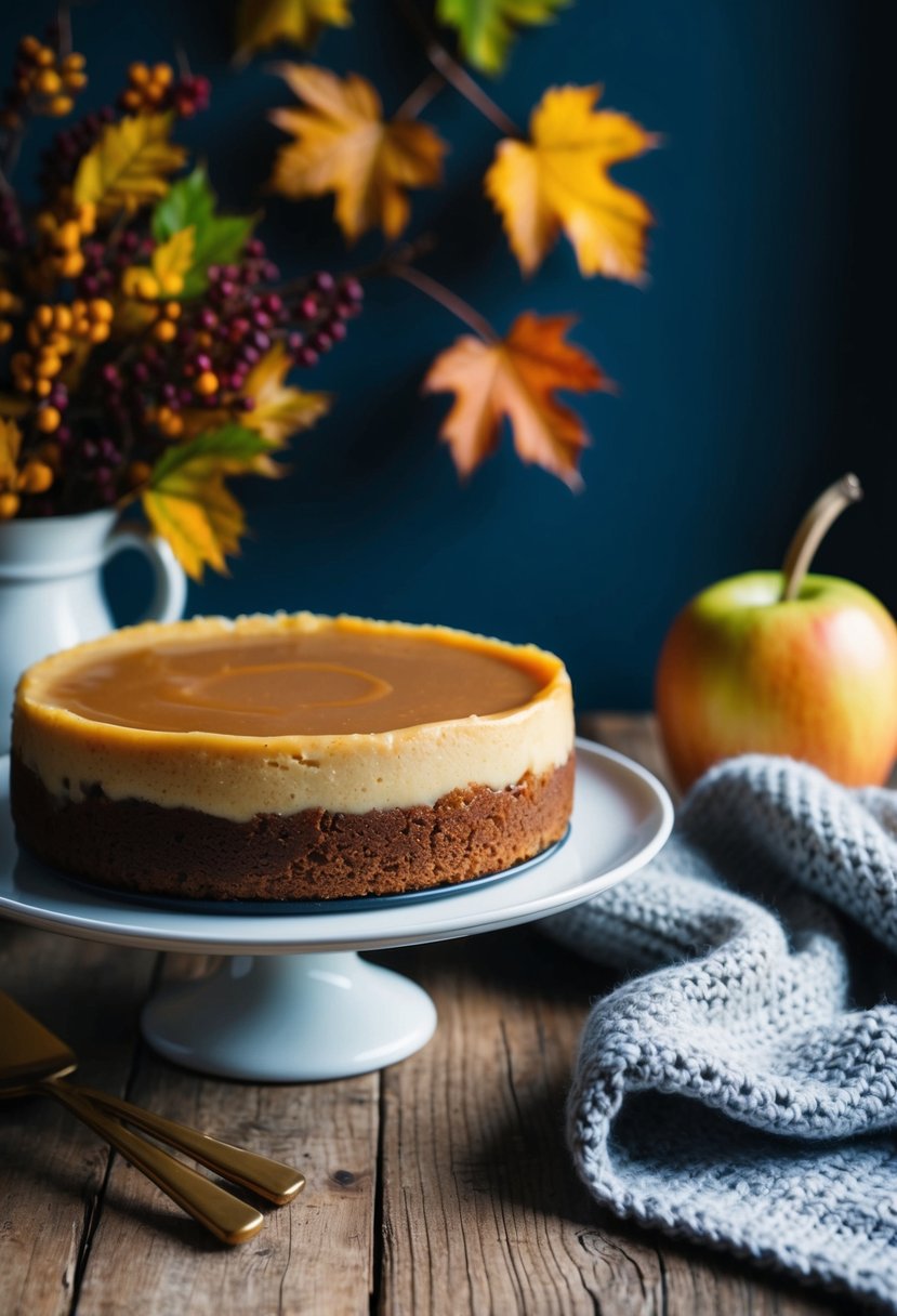 A rustic kitchen table with a caramel apple cheesecake surrounded by fall foliage and a cozy knit blanket