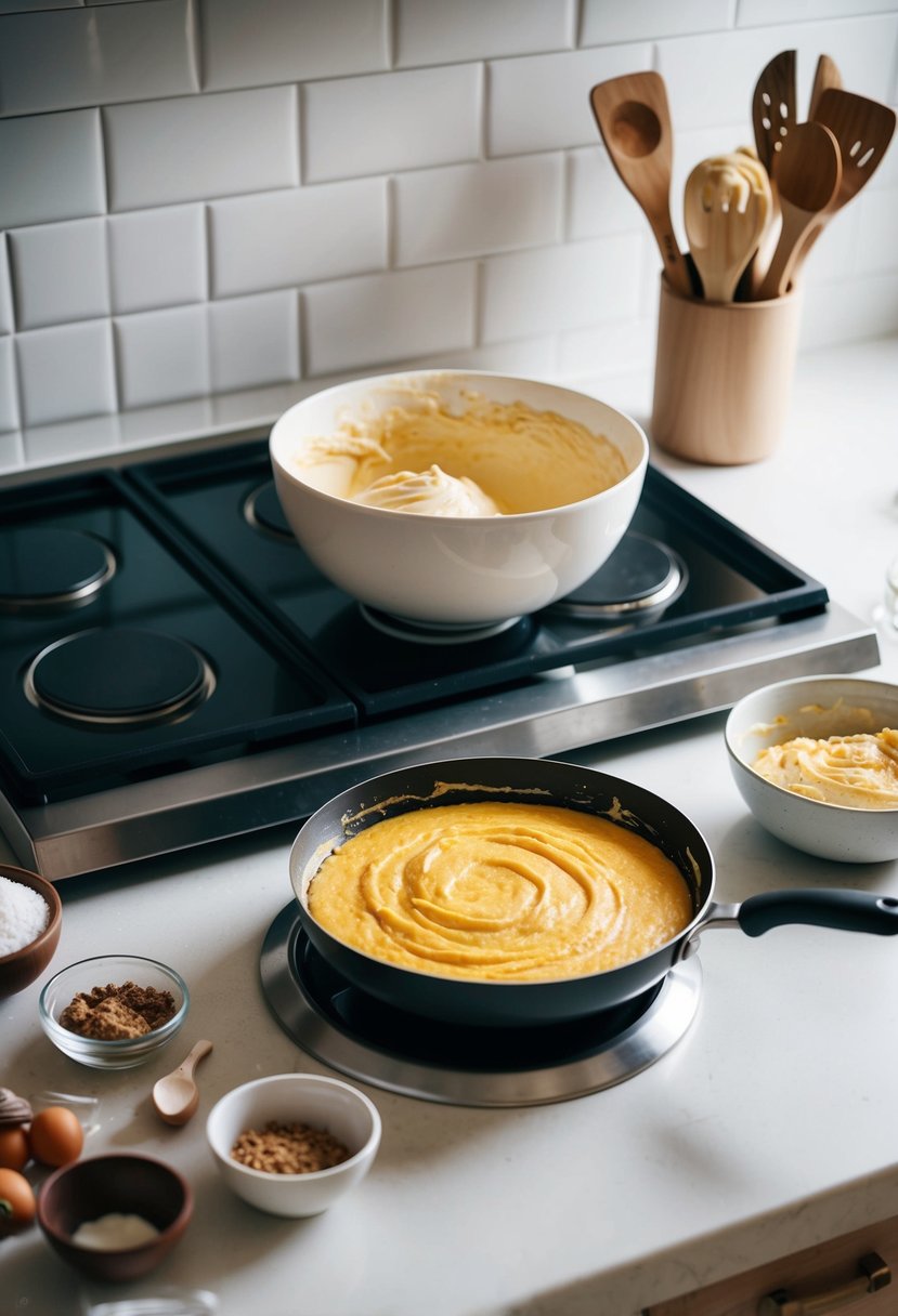 A mixing bowl filled with batter sits next to a stovetop griddle with sizzling cake batter cooking. Ingredients and utensils are scattered around the kitchen counter