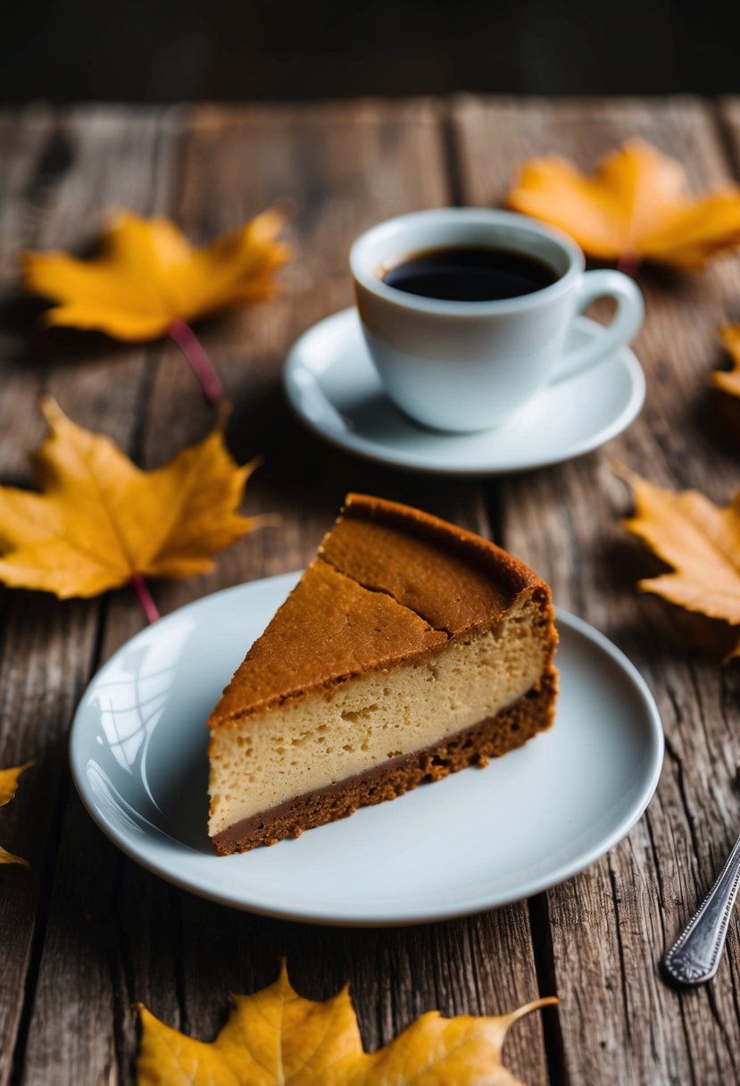 A slice of gingerbread cheesecake on a rustic wooden table, surrounded by fall leaves and a warm cup of coffee