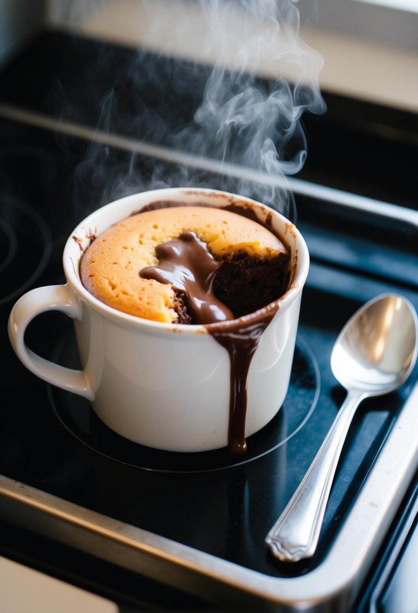 A steaming mug cake sits on a stovetop, oozing with molten chocolate. A spoon rests nearby, ready to dig in