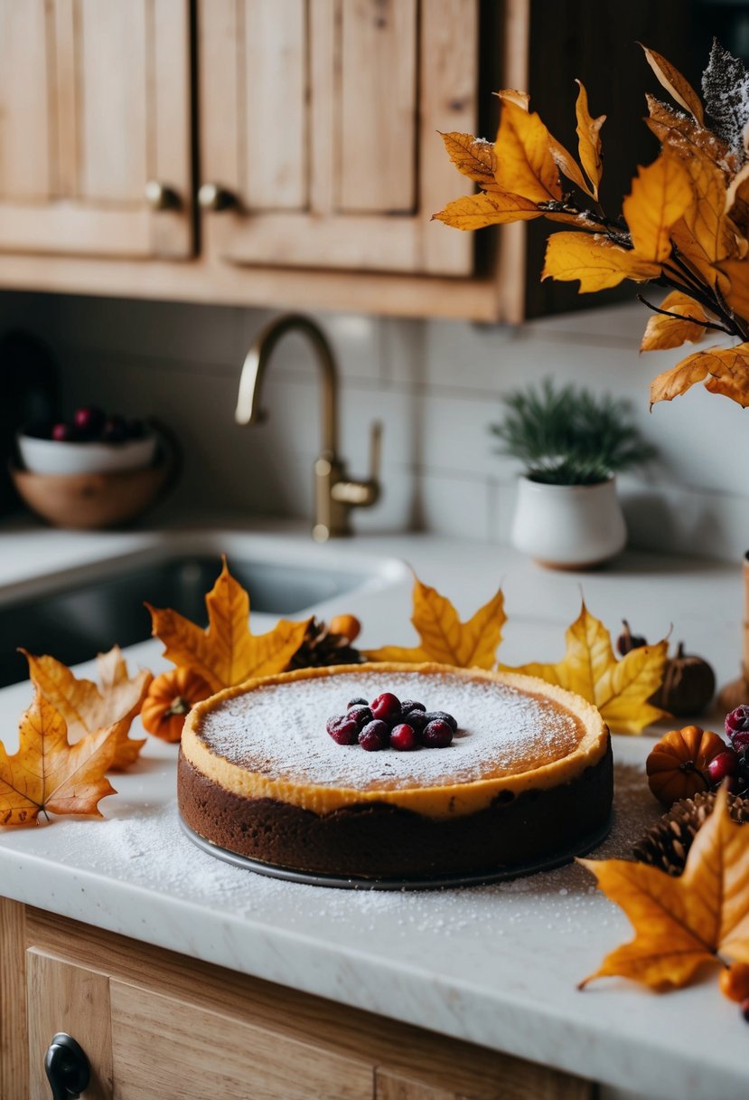 A rustic kitchen counter with a freshly baked cranberry orange cheesecake surrounded by autumn leaves and a sprinkle of powdered sugar