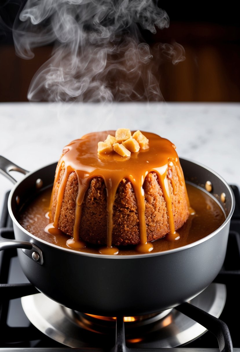 A steaming stovetop pot with bubbling caramel sauce and a rich, moist toffee pudding cake resting on top