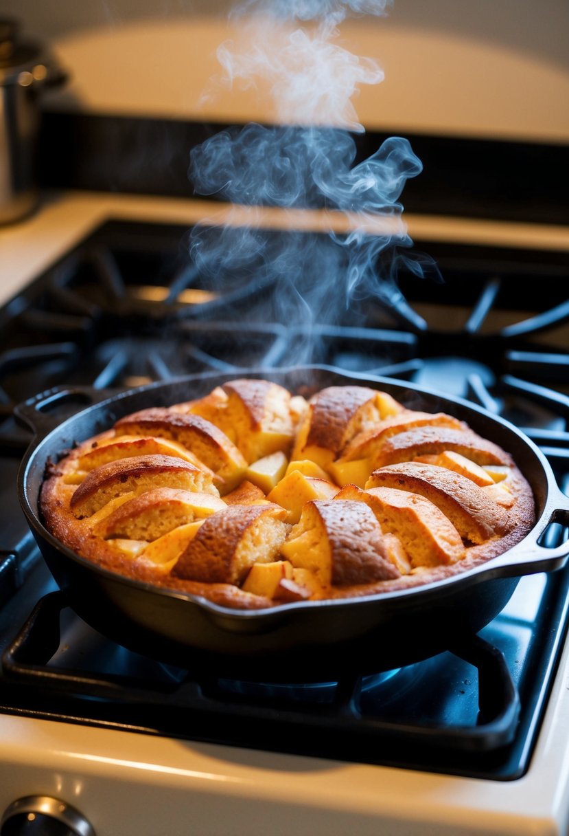 A cast iron skillet sits on a stovetop, filled with a golden-brown apple cinnamon cake, emitting a warm and comforting aroma