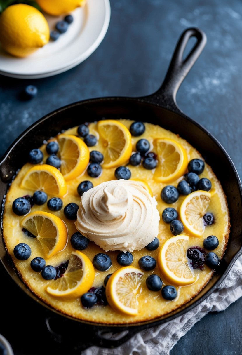 A cast iron skillet with a sizzling layer of caramelized lemon slices and blueberries, topped with a golden cake batter