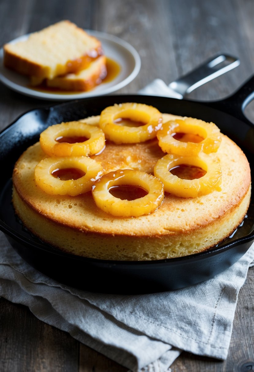 A golden sponge cake sizzling in a skillet, topped with caramelized pineapple rings and a glaze of sweet syrup