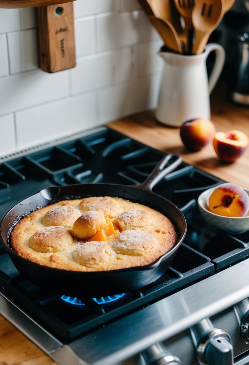 A rustic kitchen with a bubbling stovetop, a cast iron skillet filled with a golden brown peach cobbler cake, and a sprinkle of cinnamon