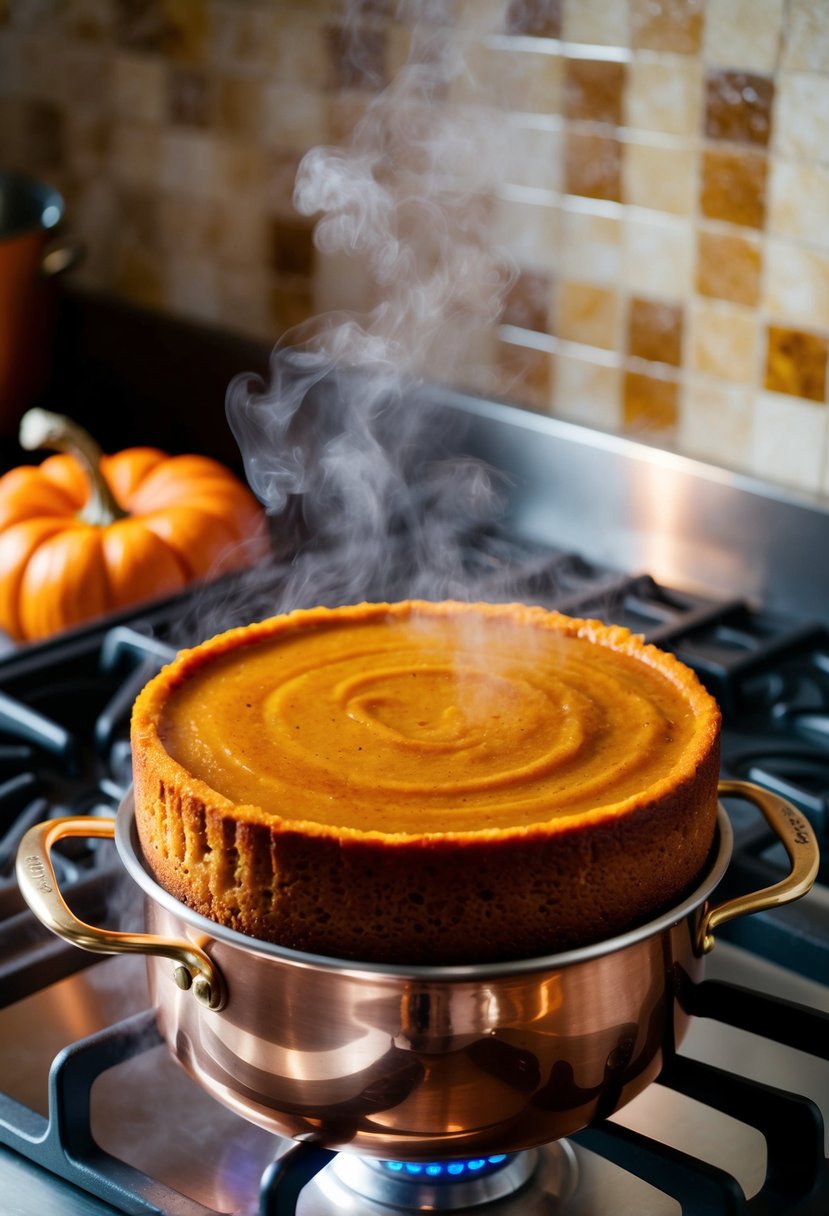 A steamy kitchen with a copper pot simmering on the stove, filled with a rich, golden pumpkin spice flan cake