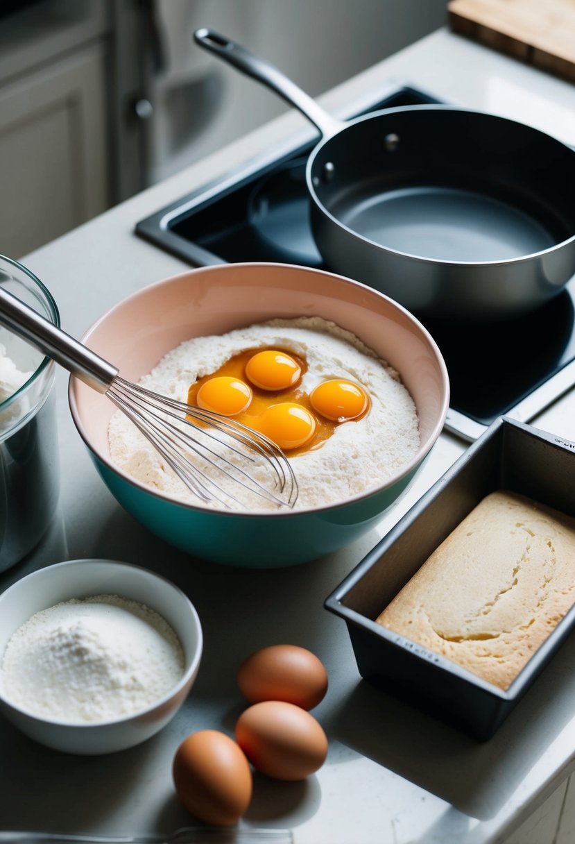 A mixing bowl with flour, eggs, and vanilla extract sits next to a whisk and a loaf pan. A stovetop with a saucepan and a spatula is nearby