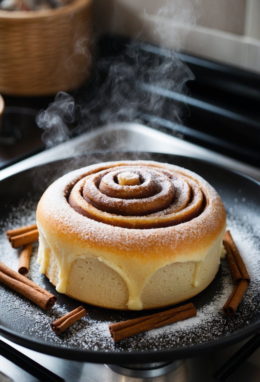 A steaming cinnamon roll cake sits on a stovetop, surrounded by a scattering of cinnamon sticks and a dusting of powdered sugar