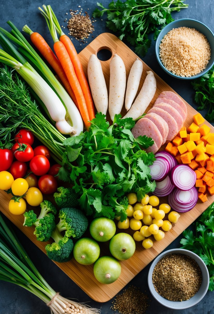 A colorful array of fresh vegetables, lean proteins, and whole grains arranged on a wooden cutting board, surrounded by vibrant herbs and spices