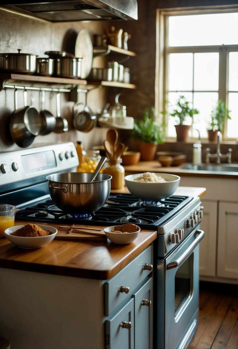 A rustic kitchen with a vintage stovetop, a mixing bowl, and ingredients for gingerbread molasses cake