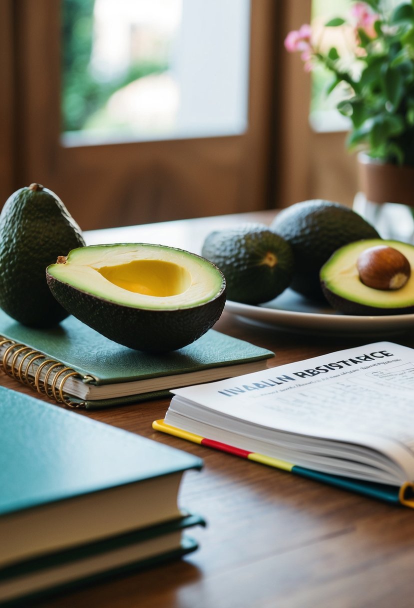 A table with avocados, insulin resistance diet food lists, and recipe books