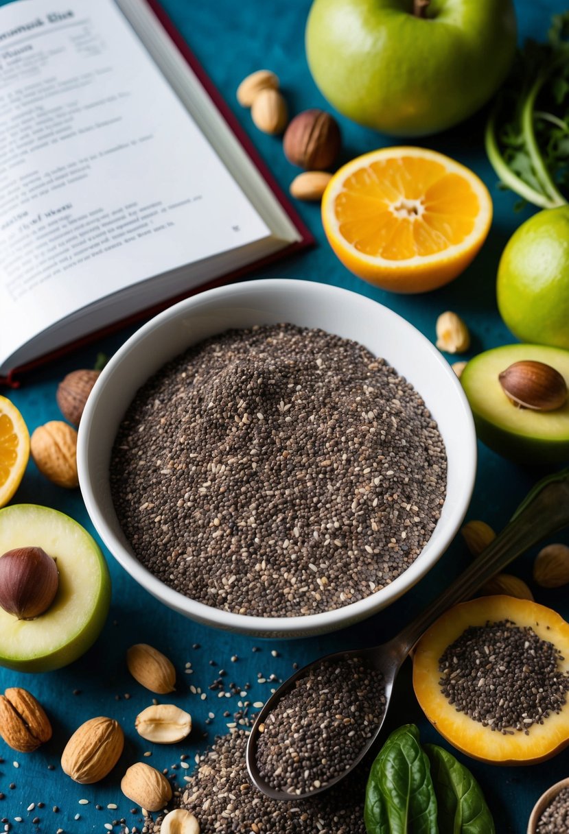 A bowl of chia seeds surrounded by fresh fruits, nuts, and vegetables, with a recipe book open to a page on insulin resistance diet