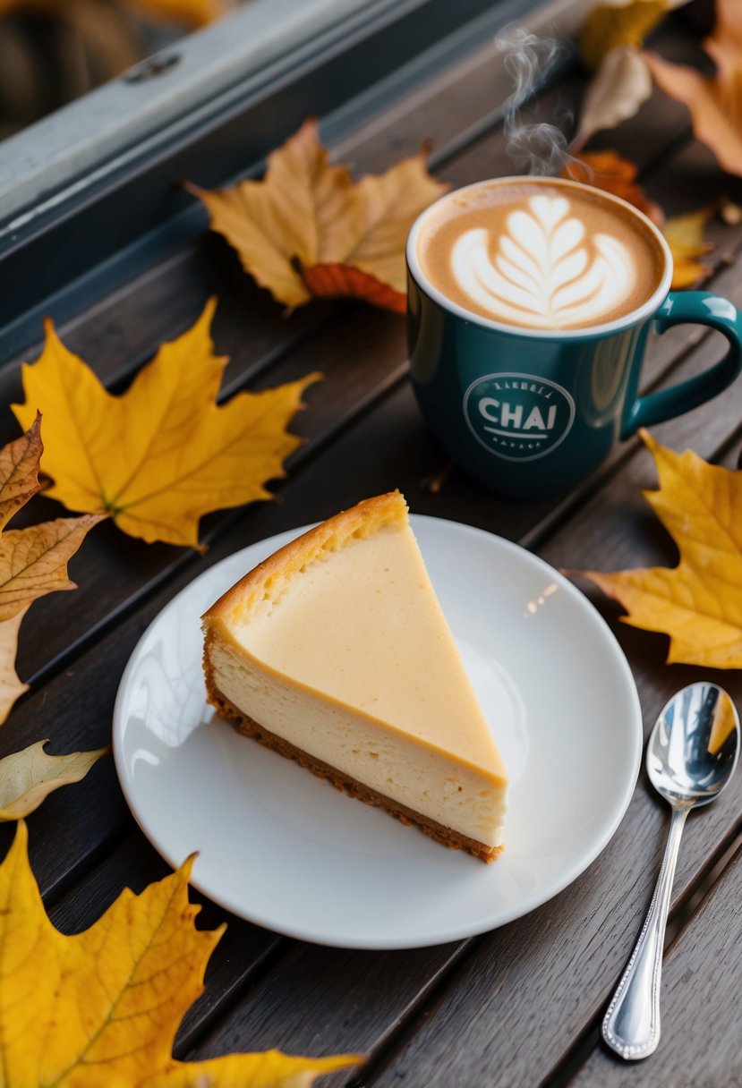 A cozy café table set with a slice of chai latte cheesecake, surrounded by autumn leaves and a steaming mug of chai latte