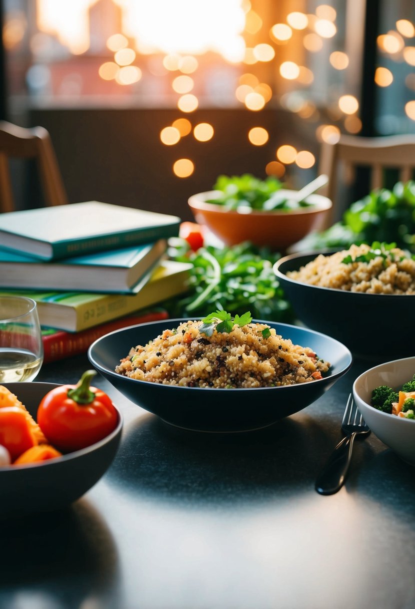 A table filled with quinoa, vegetables, and recipe books