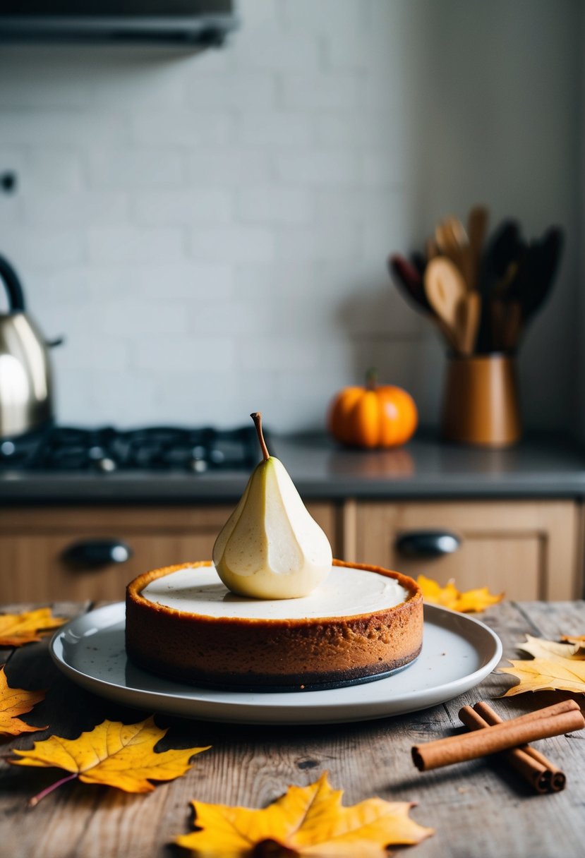 A rustic kitchen counter with a spiced pear cheesecake surrounded by fall leaves and cinnamon sticks