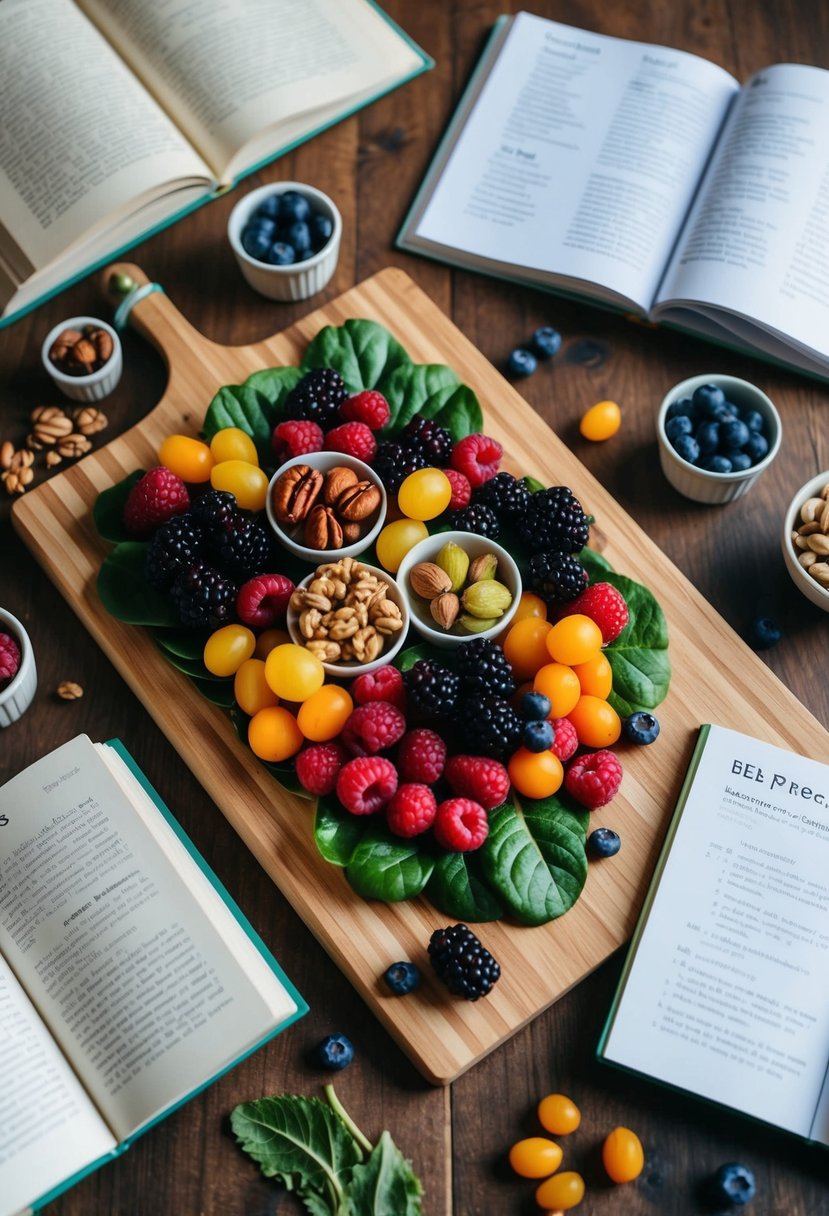 A colorful array of berries, nuts, and leafy greens arranged on a wooden cutting board, surrounded by open cookbooks and recipe cards