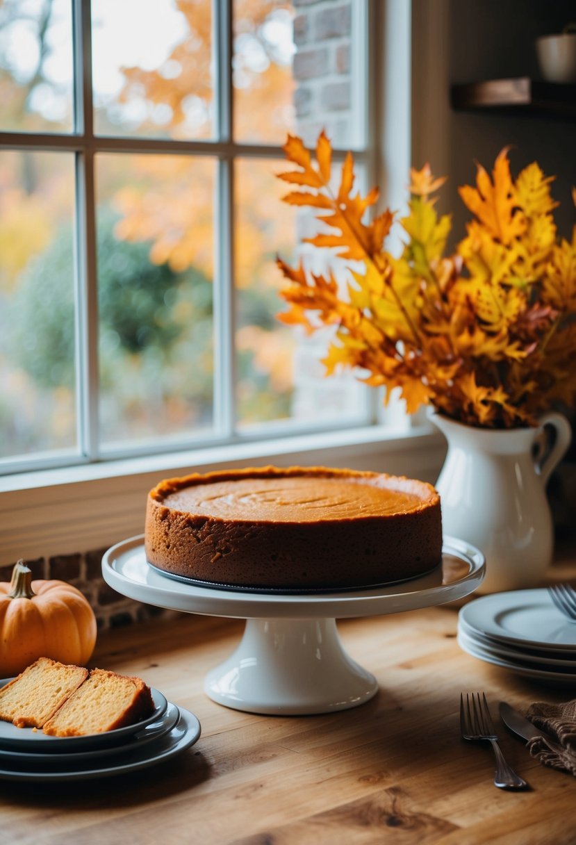 A rustic kitchen counter with a freshly baked sweet potato cheesecake surrounded by autumn foliage and a warm, cozy atmosphere