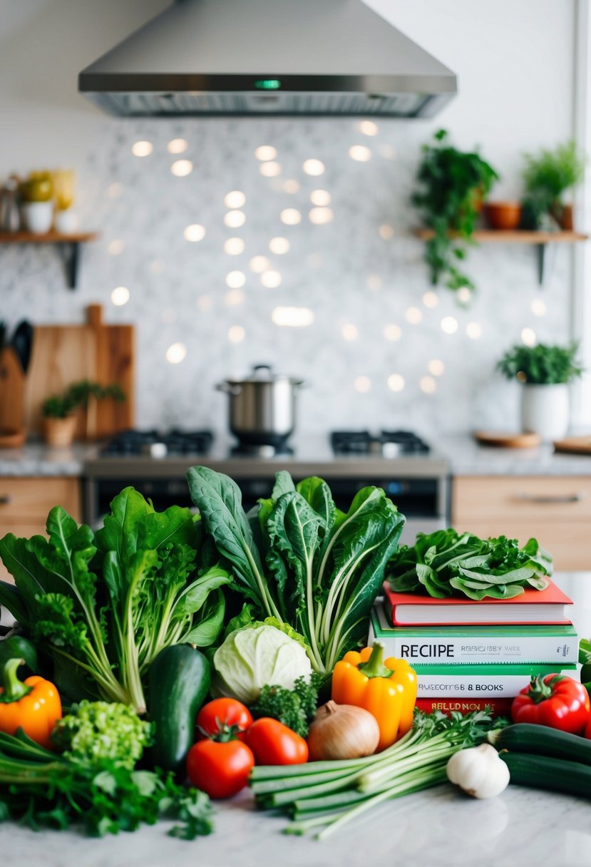 A colorful array of leafy greens, vegetables, and recipe books arranged on a kitchen counter