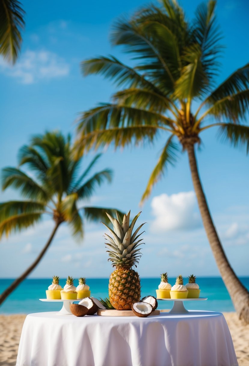 A tropical beach setting with a table adorned with pineapple and coconut desserts, surrounded by palm trees and a clear blue sky