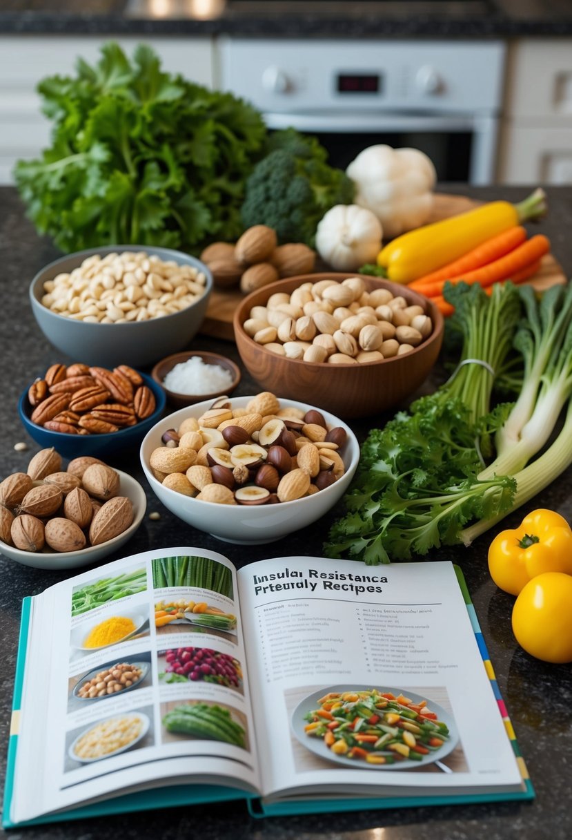 A variety of nuts, vegetables, and lean proteins laid out on a kitchen counter, with a cookbook open to a page of insulin resistance-friendly recipes