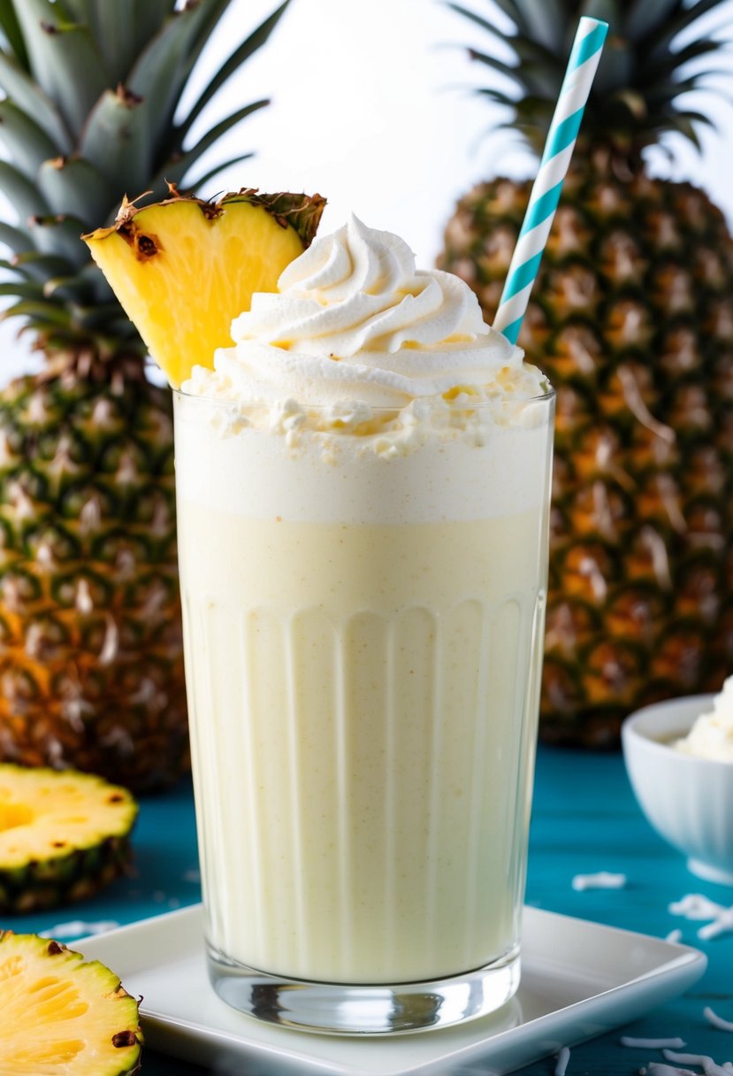 A tall glass filled with a creamy pineapple coconut milkshake topped with whipped cream and a slice of fresh pineapple