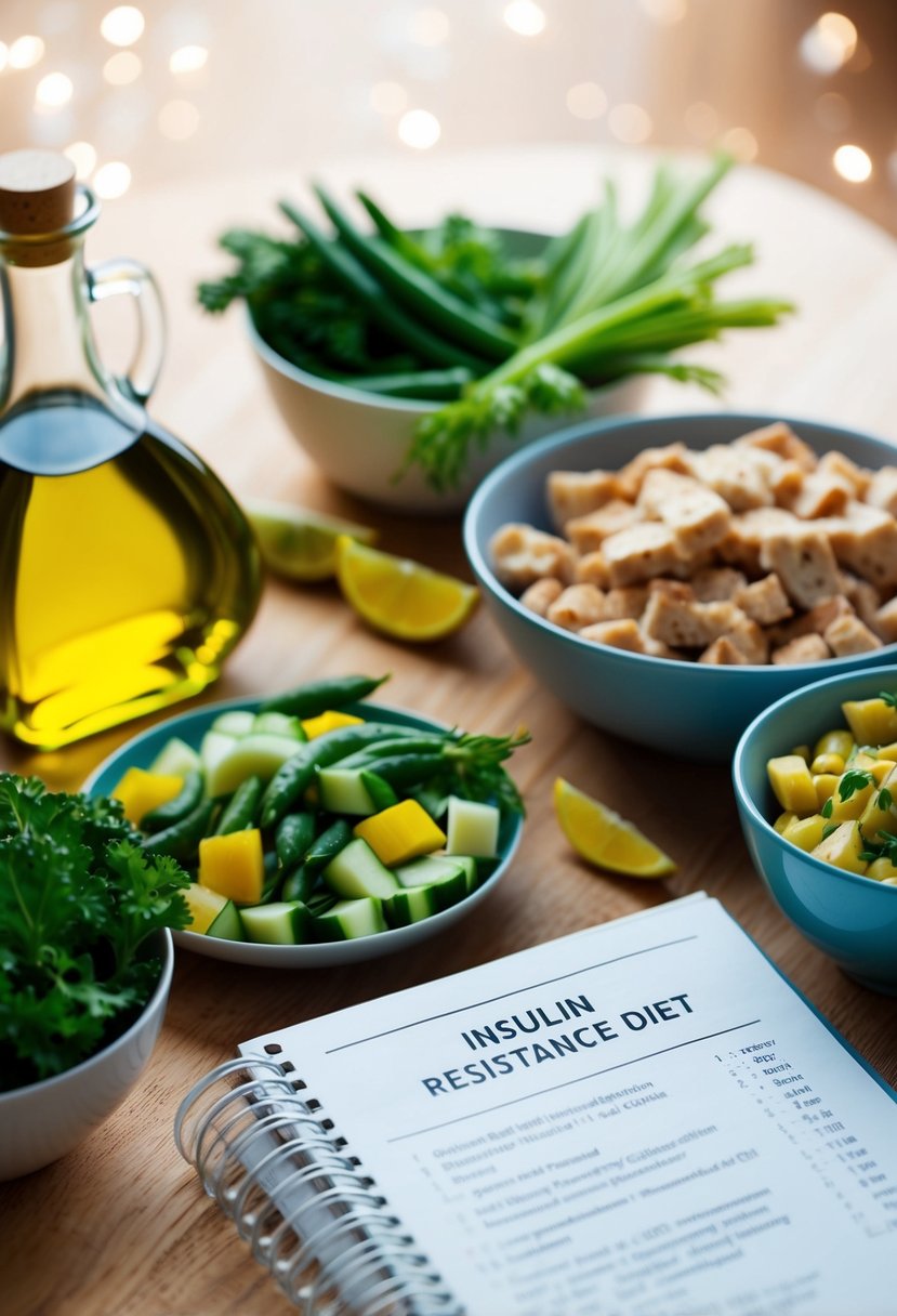 A table with various foods like olive oil, vegetables, and lean proteins, along with a recipe book open to a page on insulin resistance diet