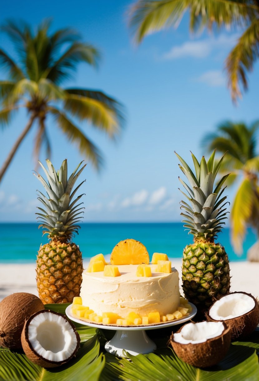 A tropical beach scene with a Pina Colada Cake surrounded by fresh pineapples and coconuts. Palm trees and a clear blue sky in the background